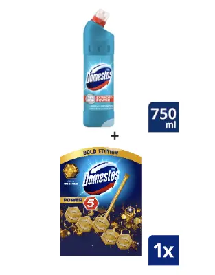 DOMESTOS Extended Power fertőtlenítő hatású folyékony tisztítószer, 750ml + Domestos Power5 Gold Freshness WC-rúd, 55 g