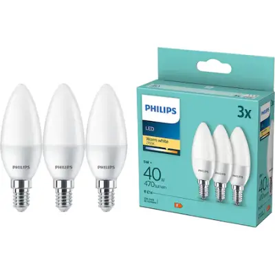 Philips B35 LED izzókészlet, 3 db, E14, 5W (40W), 470 lm, melegfehér fény (2700K)