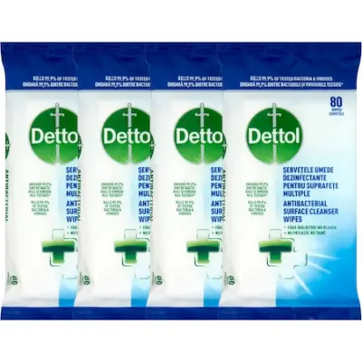 Dettol AntiBakteriális Felülettisztító kendő csomag, 4x80db