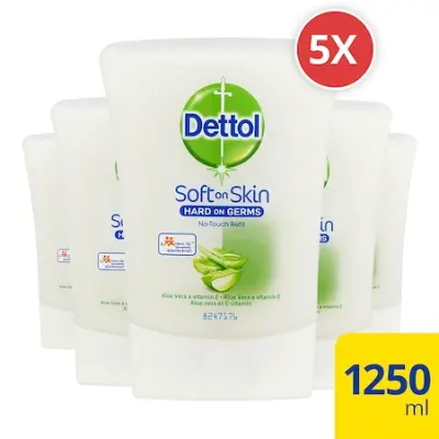 Dettol érintés nélküli kézmosó utántöltő aloe vera kivonattal vagy uborkás illattal, 5x250 ml