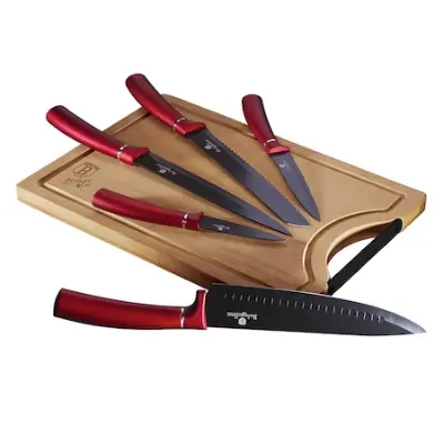 BerlingerHaus BH/2552A késkészlet bambusz vágódeszkával, burgundi, 6 részes, Metallic Line Burgundy Edition
