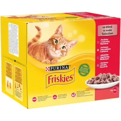 Friskies Szószban Csirkével/Marhával/Báránnyal/Kacsával nedves macskaeledel, 12x85g