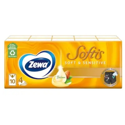 3 x Zewa Softis Soft & Sensitive illatmentes papír zsebkendő, 4 rétegű, 10 x 9 db