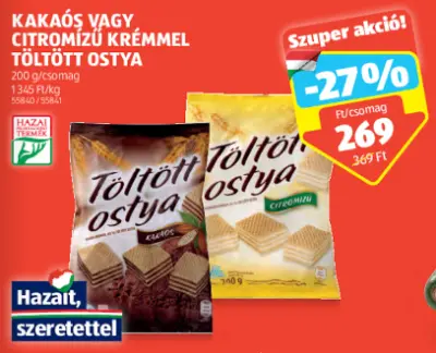 Kakós vagy citromízű krémmel töltött ostya, 200g