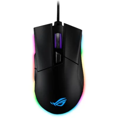 ASUS ROG Gladius II Origin játék egér, RGB, Omron kapcsolók, 12000 dpi, 6 gomb, 2 levehető kábel, Aura Sync világítás, fekete