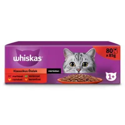 Whiskas 1+ Klasszikus Ételek teljes értékű nedves eledel felnőtt macskáknak 80 x 85 g (6,80 kg)