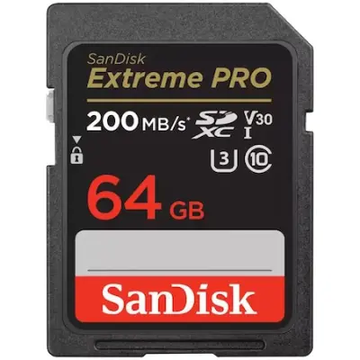 SanDisk, Extreme PRO Memóriakártya, 64 GB, SDXC 200 MB/s és 90 írási/olvasási sebességig, UHS-I, Class 10, U3, V30