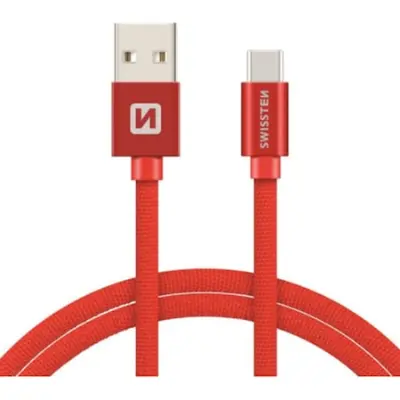 Swissten Adatkábel textil bevonattal, USB/USB-C, 1.2 m, Piros