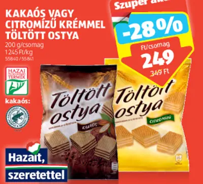 Kakaós vagy citromízű krémmel töltött ostya, 200 g