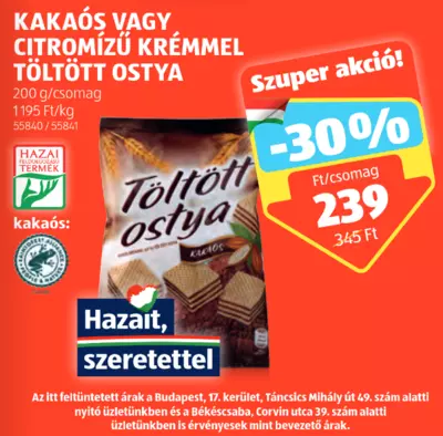 Kakaós vagy citromízű krémmel töltött ostya, 200 g