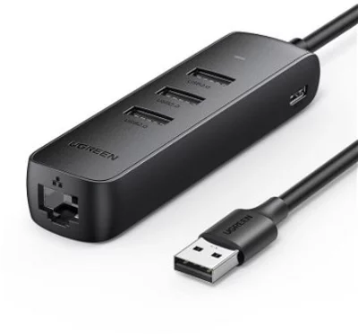 UGREEN USB 2.0 to 3×USB 2.0+RJ45 (100Mbps) Ethernet Adapter (Black) hálózati kártya