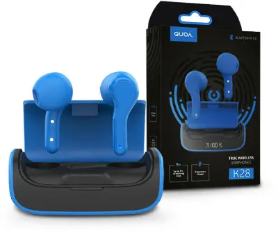 Quoa Bluetooth sztereó TWS headset v5.0 + töltőtok - K28 True Wireless kék és piros színben (PT-6019)