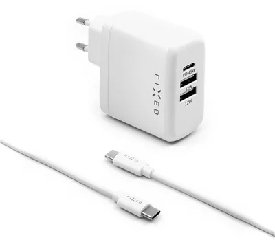 FIXED Travel USB-C + 2 x USB to kábel - PD, 45W, fehér töltő adapter