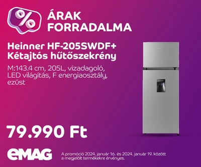 Heinner HF-205SWDF+ Kétajtós hűtőszekrény, M:143.4 cm, 205L, Vízadagoló, LED világítás, F energiaosztály, ezüst