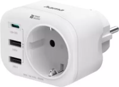 Hama Töltőadapter és hálózati aljzat, 2xUSB-A, 1xUSB Type-C, PD, FIP, max. 20W, fehér (223342)