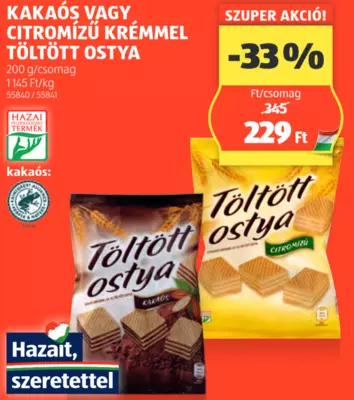 Kakaós vagy citromízű krémmel töltött ostya, 200 g