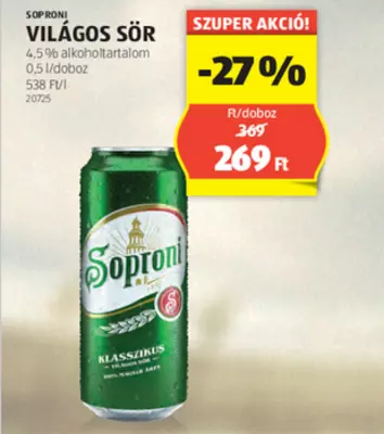 Soproni Klasszikus világos sör 4,5% 0,5 l dobozos