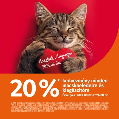 20% kedvezmény macskaeledelekre és -kiegészítőkre a macskák világnapja alkalmából a Müllerben