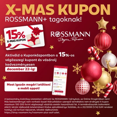 Rossmann 15% végösszegi kedvezmény Rossmann+ kártyával