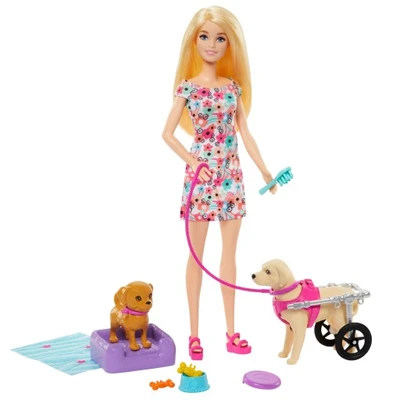 Barbie Játékbaba és kutyus kerekesszékben HTK37 szett