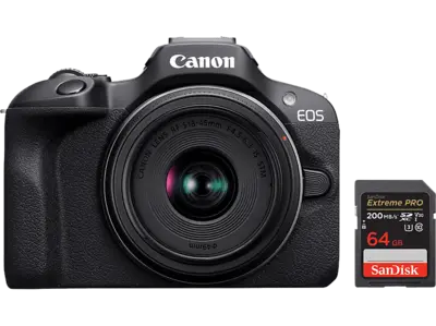 CANON EOS R100 MILC fényképezőgép váz + RF-S 18-45 mm objektív 64 GB SDXC memóriakártya kit
