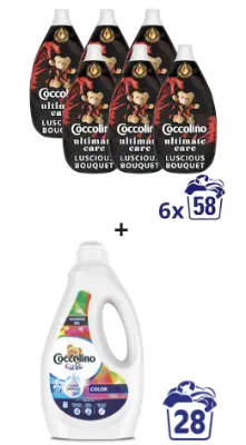 COCCOLINO ultrakoncentrált öblítő Luscious Bouquet, 6x870ml + Coccolino Care Mosógél színes ruhákhoz, 1.2L