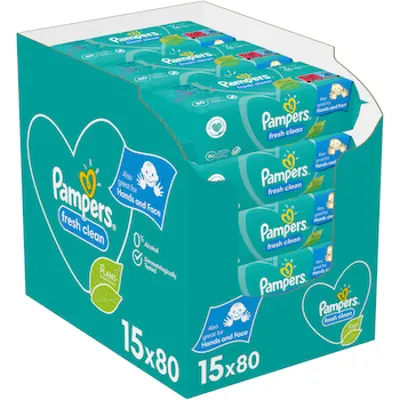 Pampers Fresh/Sensitive Clean Nedves törlőkendő, 15 csomag x 80 darab, 1200 darab