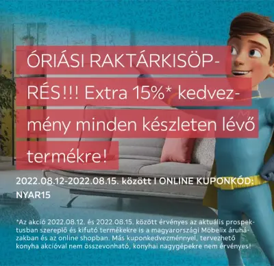 15% kedvezmény minden készleten lévő termékre